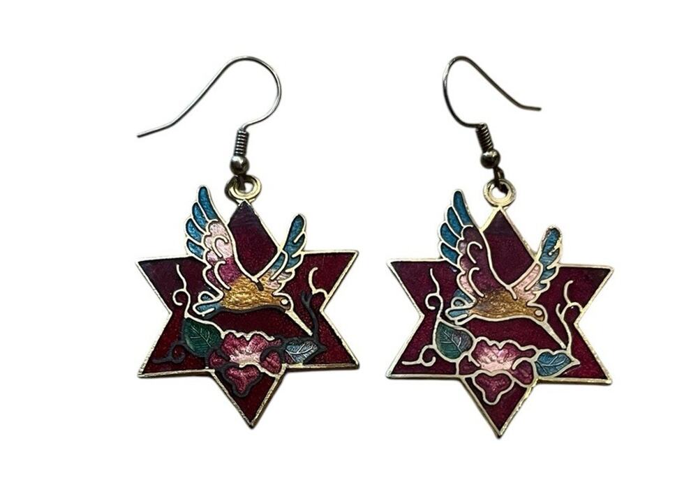 VTG Cloisonné Enamel Earrings Stars Red Maroon Hummingbirds Birds 2.25” 1980s